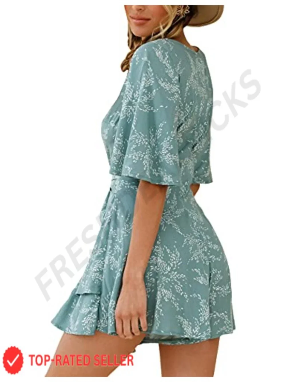 Women's Summer Romper Floral V Neck Short Sleeve Waist Tie Ruffle Hem Jumpsuit